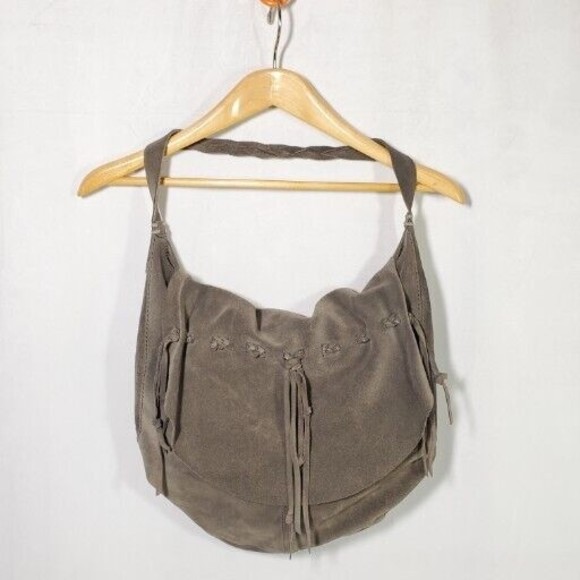 Lucky Brand Handbags - Lucky Brand Leather Suede Shoulder Bag Boho Fringe Braid Gray Satchel Hobo
